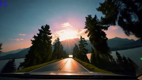scenic drive at sunset by the lake