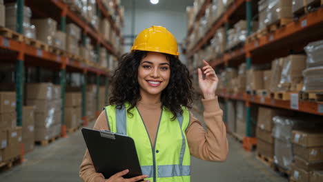smiling female warehouse worker in hard hat and safety vest