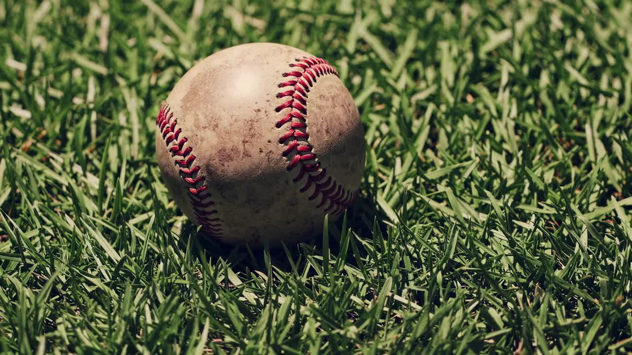 Close-up, low-angle shot of a worn baseball on lush grass, capturing a nostalgic sports vibe