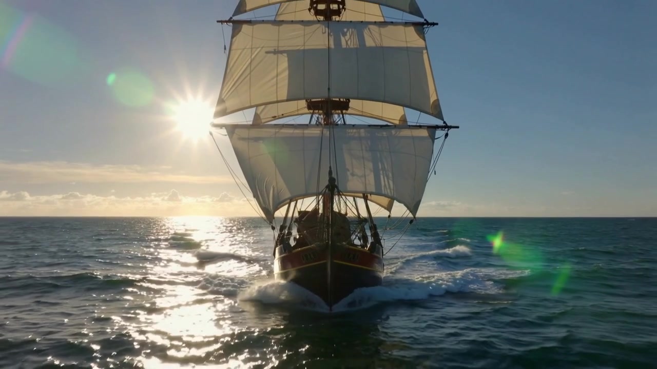 Velero acercándose surcando el mar, con el viento inflando las velas y la tripulación de pie con chaquetas.
