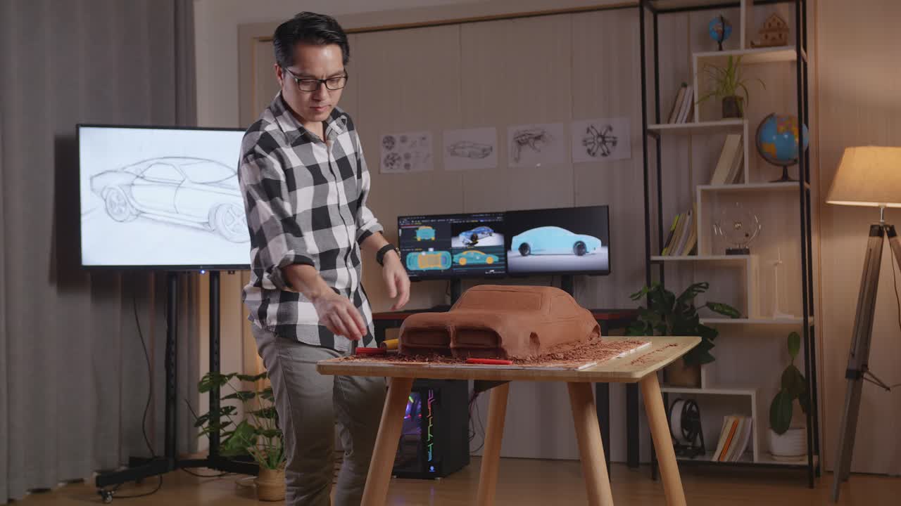 hombre asiático diseñador de automóviles entrando en el estudio para sentarse y trabajar en la escultura de arcilla de coche