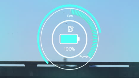 animación de la interfaz con el icono de carga de la batería y el velocímetro sobre la carretera