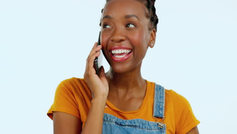 Answer-phone-call,-face-and-happy-black-woman