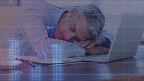 animation of statistical data processing over caucasian businessman sleeping on his desk at office