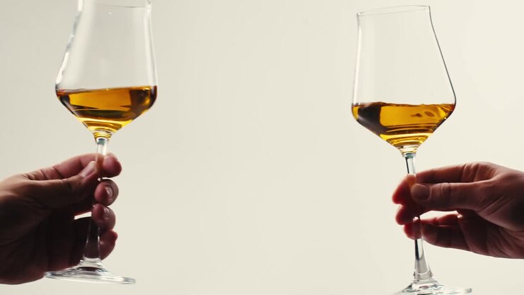 Orange or white wine bottle and glass against a sunset in a peaceful vineyard, pouring of ecological natural wine.