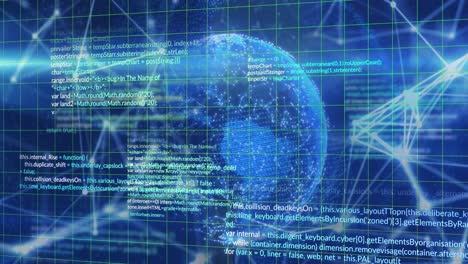 animation of data processing and network of connections over spinning globe against blue background