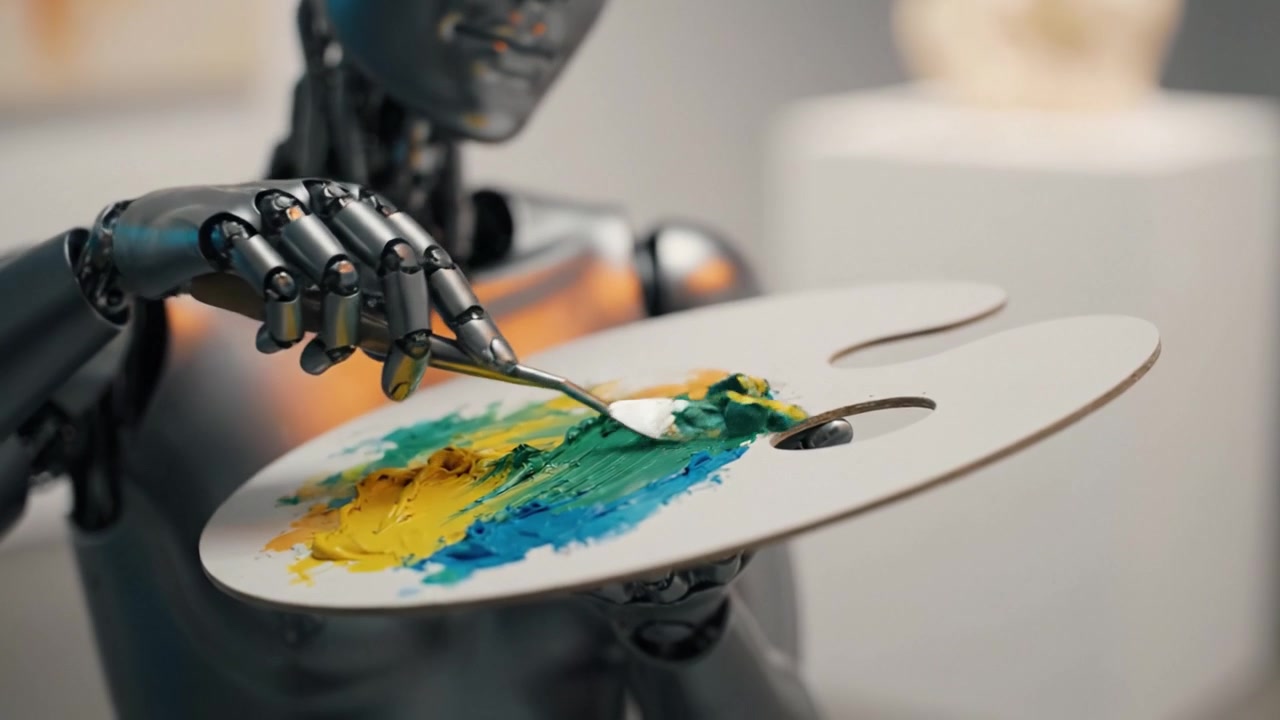 A futuristic robot artist skillfully blends vibrant colors on a palette, showcasing an intriguing fusion of technology and creativity in a modern art environment.