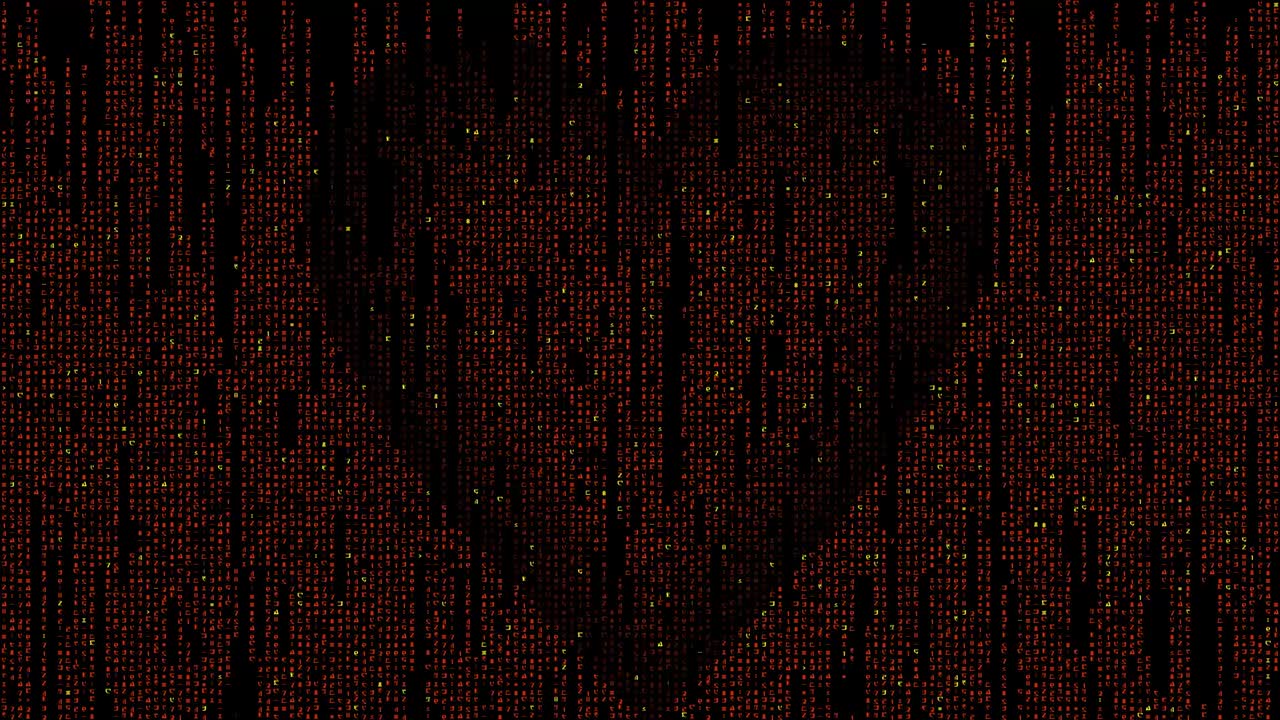 Matrix code heart composed of glowing characters flashing and flickering on black background. Unusual love symbol