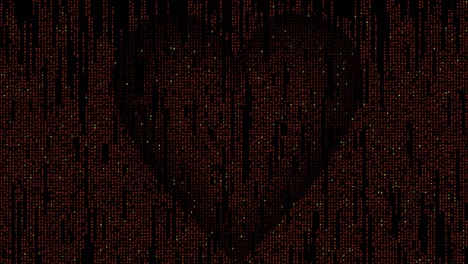 corazón de código de matriz compuesto de caracteres brillantes que parpadean y parpedean sobre un fondo negro. símbolo de amor inusual
