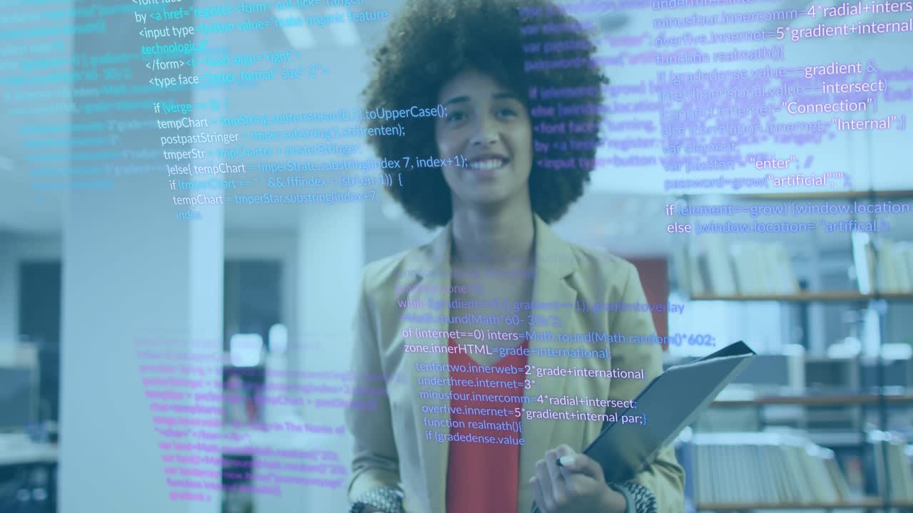 Woman checking phone and holding folder in tech office, causing code overlay, boosting confidence