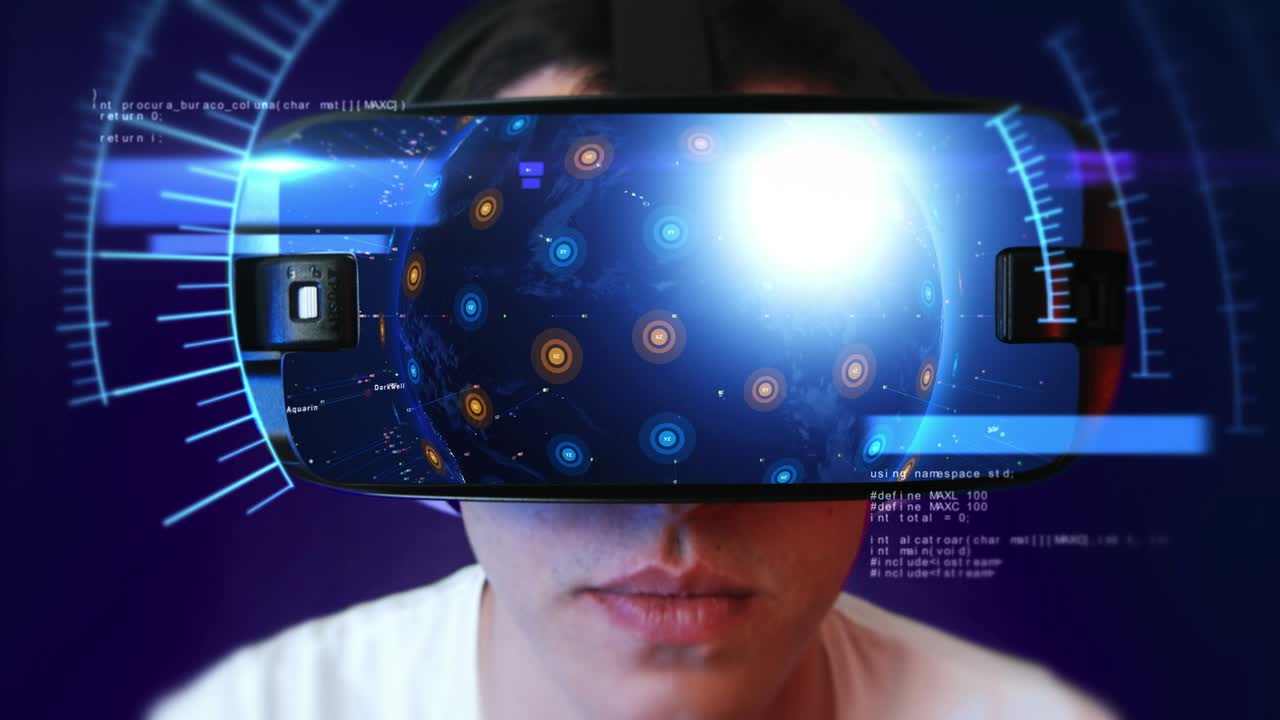 Young man wearing VR headset and experiencing virtual reality. Seamless Loop.