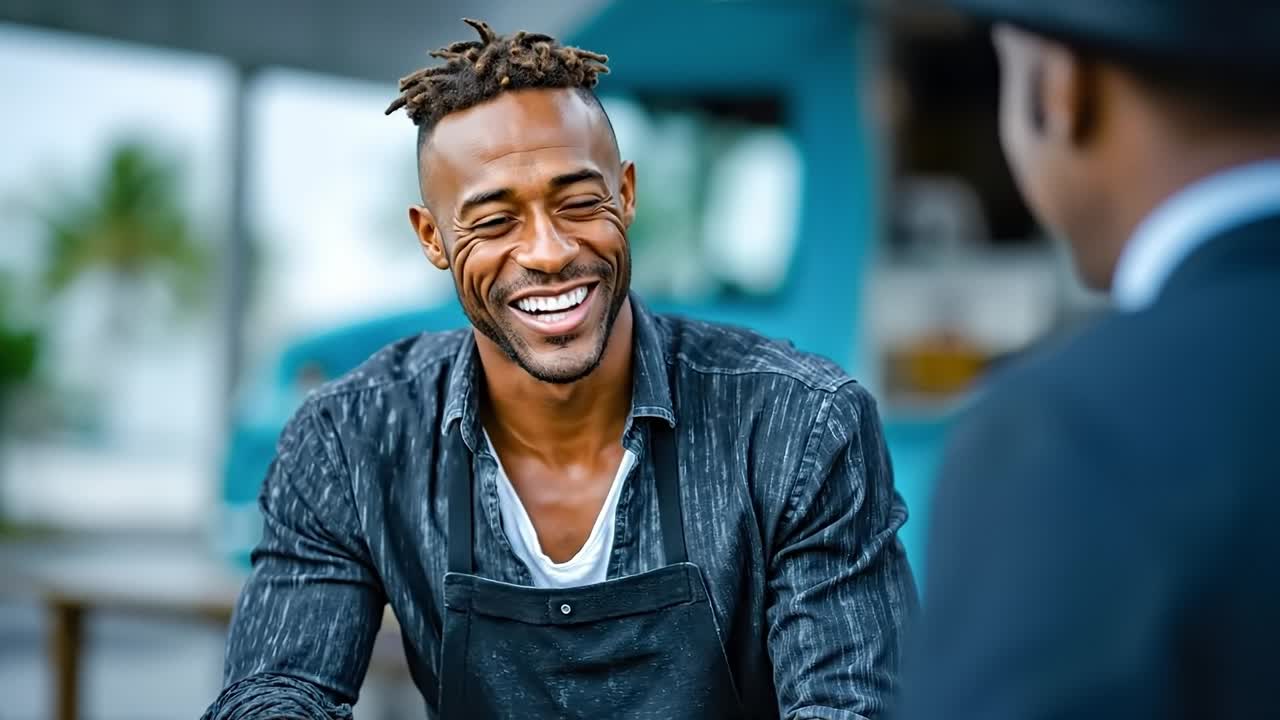 A man in an apron laughing while talking to another man