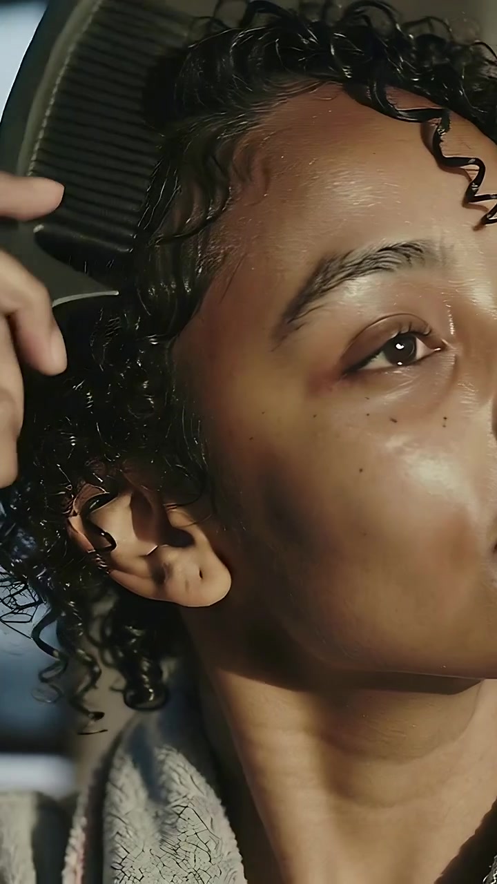 Vertical video: Combing woman working through wet hair post-shower in bathroom, with towel and comb