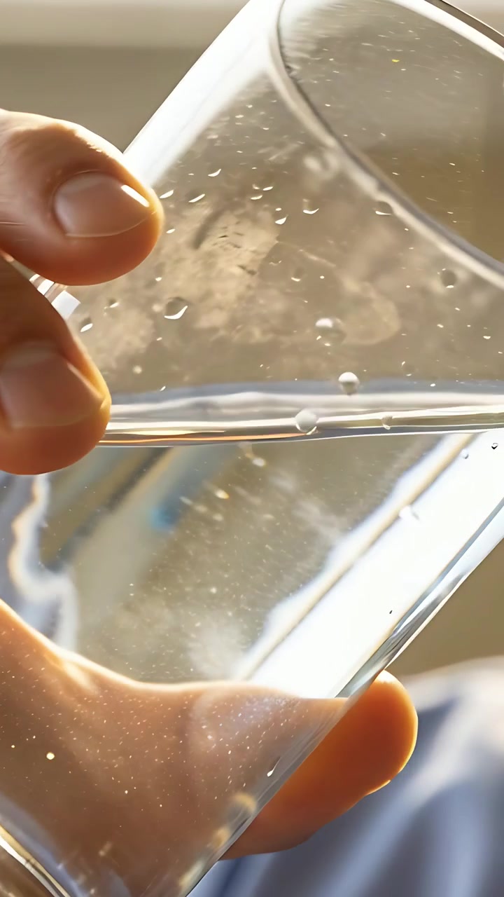 Video verticale: Mano che inclina un bicchiere trasparente a una finestra illuminata dal sole, facendo spostare e cadere le goccioline.
