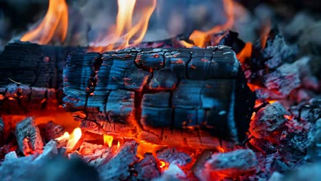 A log of wood is burning in a fire pit. The fire is orange and the wood is black