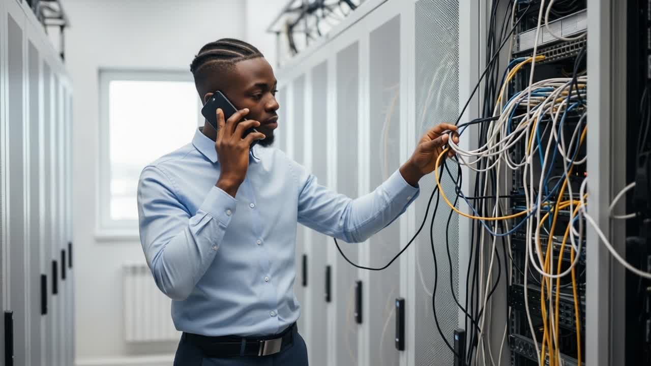 Professional Technician Managing Network Connections While on a Call in a Data Center, Skillfully Organizing Cables and Ensuring Optimal Performance in Complex Systems