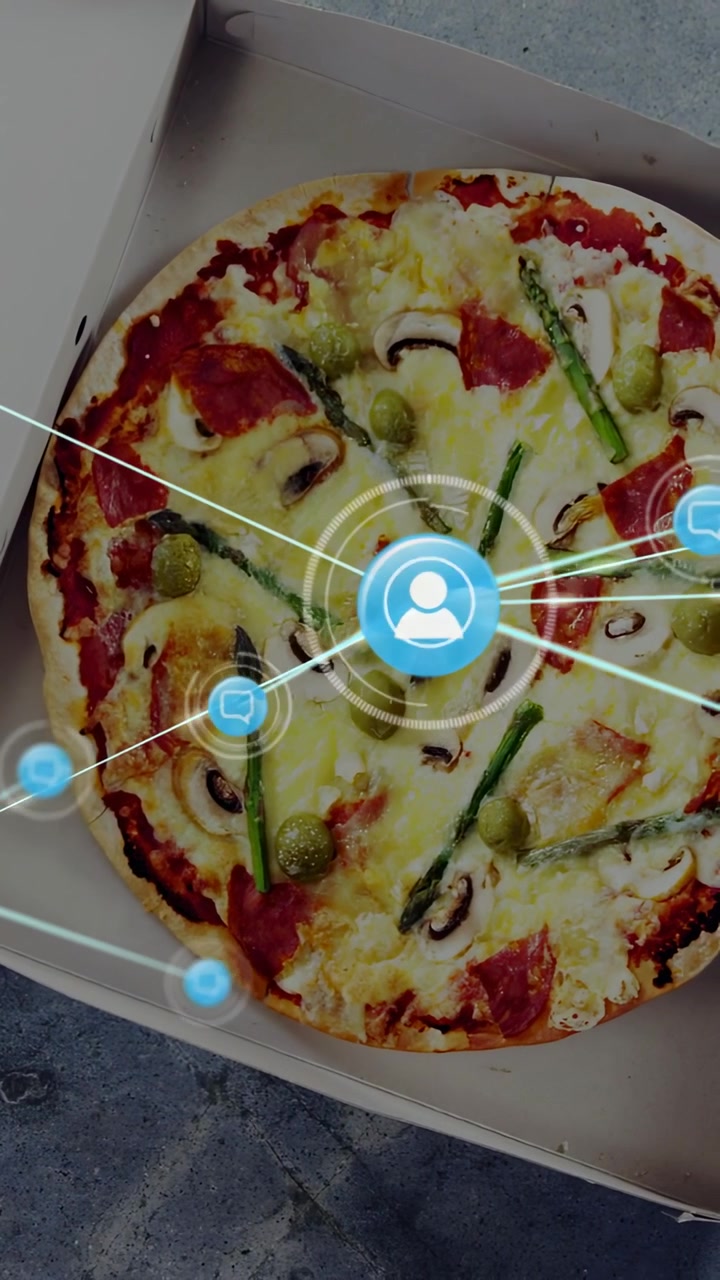 Vertical video: Pizza getting AR overlay HUD appearing user icon pulsing nodes linking to map links