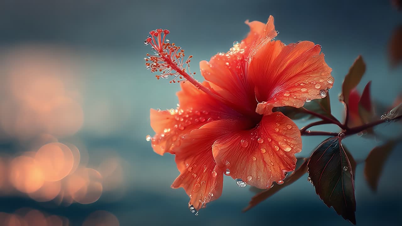 Stunning Close-Up of a Vibrant Hibiscus Flower with Raindrops Glimmering in Dappled Light, Capturing the Beauty of Nature's Floral Wonders