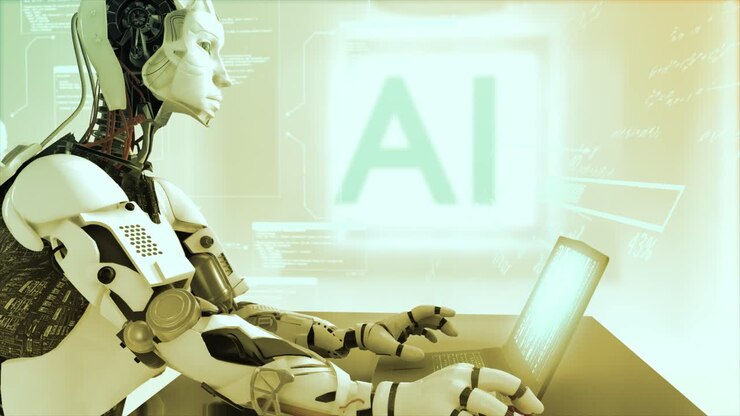 Ripresa di profilo in CGI 3D di alta qualità di un robot umanoide con Intelligenza Artificiale davanti a un computer portatile in un ambiente virtuale di IA con dati ed equazioni che gli fluttuano intorno - schema di colori oro caldo