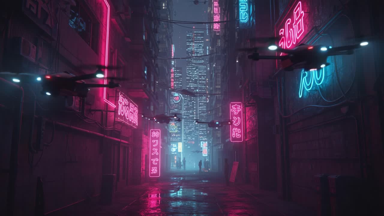 Utforska ett futuristiskt neonstadlandskap: En filmisk resa genom högteknologiska gränder och svävande drönare bland livfulla ljus och atmosfäriskt regn