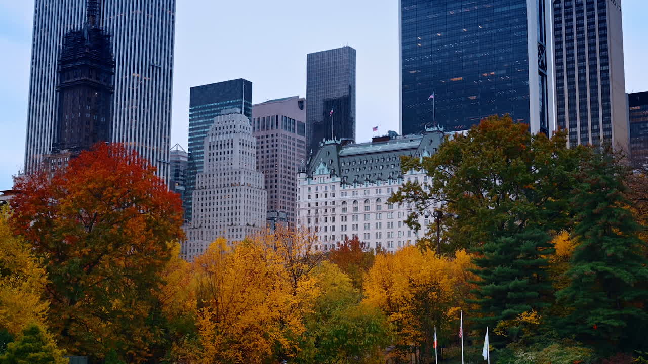 Green, red and yellow trees in the Central Park, New York. Stunning high-rises and skyscrapers at backdrop. Autumn season in Big Apple