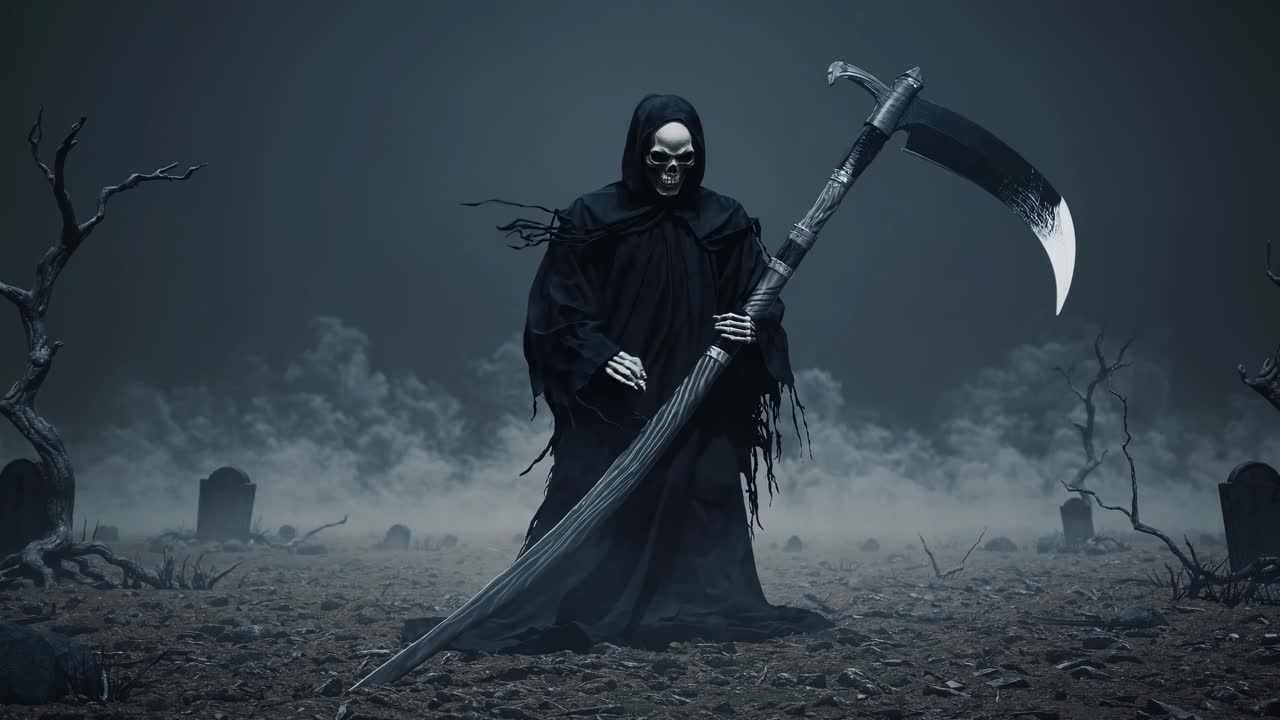 Eerie video scene of a hooded figure with a scythe in a foggy graveyard