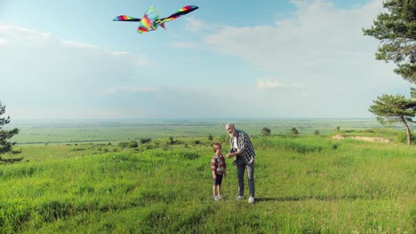 vista in lontananza dell'uomo anziano caucasico e di suo nipote nel parco mentre fanno volare un aquilone in una giornata di sole