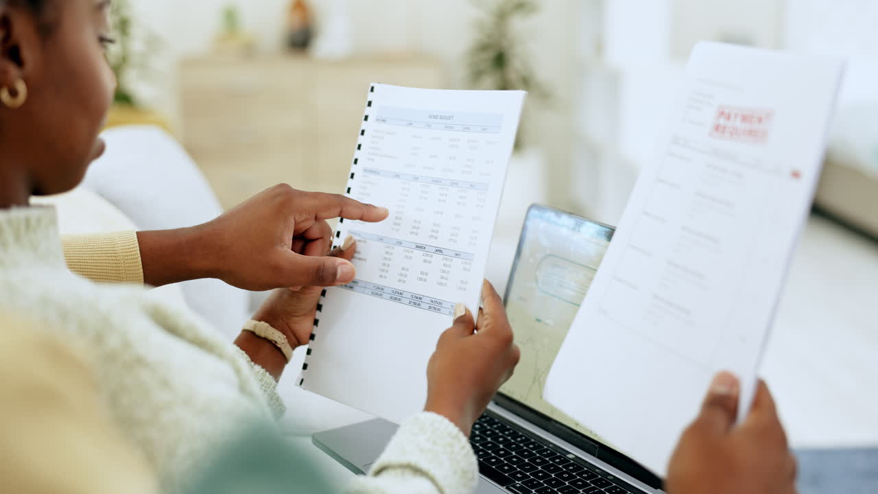 Black couple, hands and laptop with documents