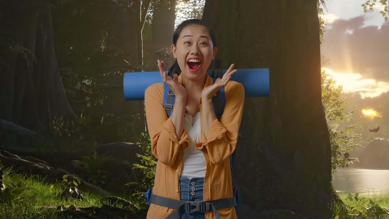 Asian Female Hiker With Mountaineering Backpack Saying Wow While Exploring Forest Nature