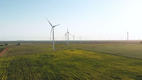 Gesamtansicht-Von-Windkraftanlagen-In-Ländlicher-Landschaft-Mit-Wolkenlosem-Himmel