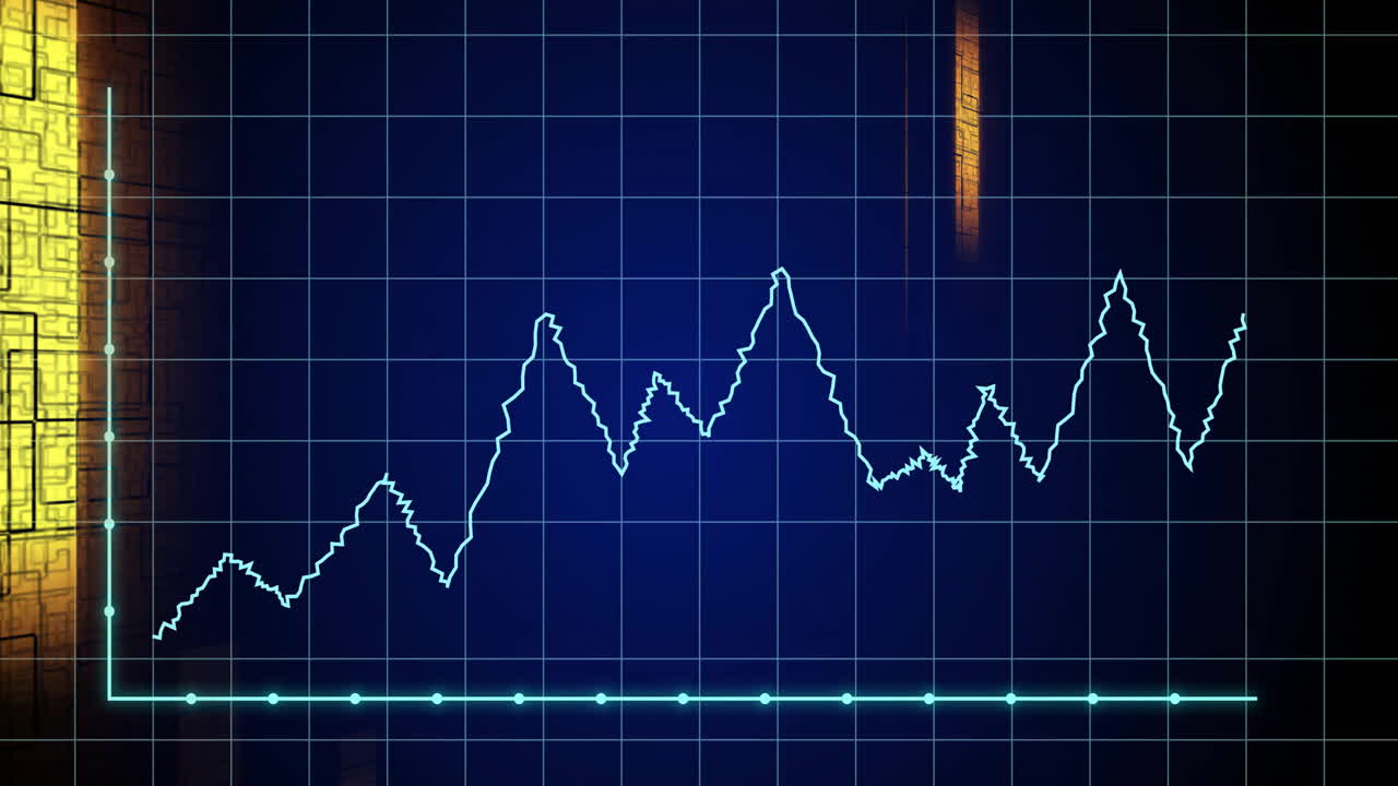 Animation of fluctuating line graph with glowing grid on dark blue background