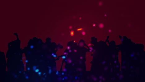 animation of colourful spots of light over dancing crowd, with red background