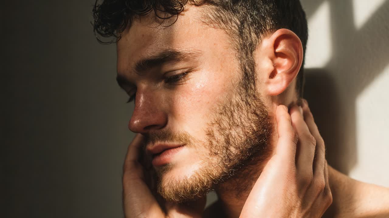 A contemplative moment captured in soft light, showcasing a young man deep in thought with shadows accentuating his features and expressing an air of vulnerability and introspection