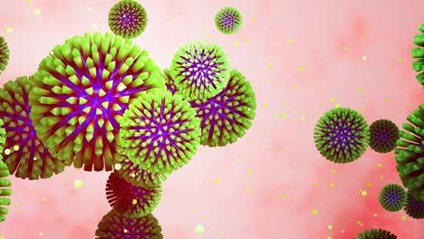 modelo 3d del coronavirus verde en la membrana mucosa. animación suave en bucle de 4k el virus flota en líquido. fondo microbiológico científico, representación 3d del virus. colores azul verde 2