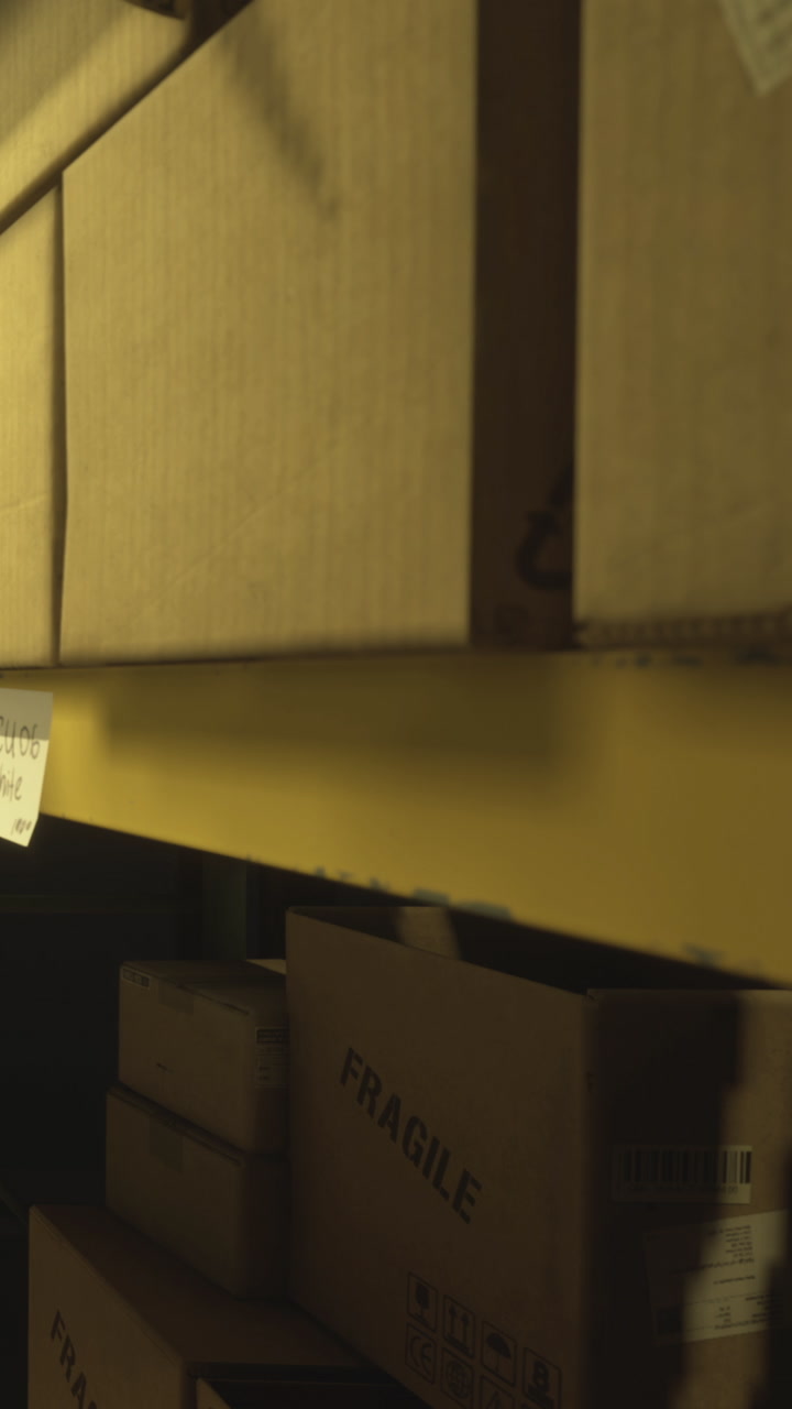 Boxes stacked high in a dimly lit storage area during evening hours