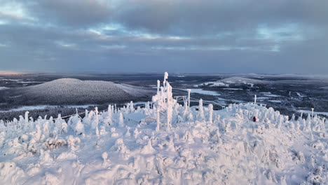 Vista-Aérea-Alrededor-De-Una-Torre-De-Radio-Cubierta-De-Nieve-En-Syote,-Noche-De-Invierno-En-Finlandia