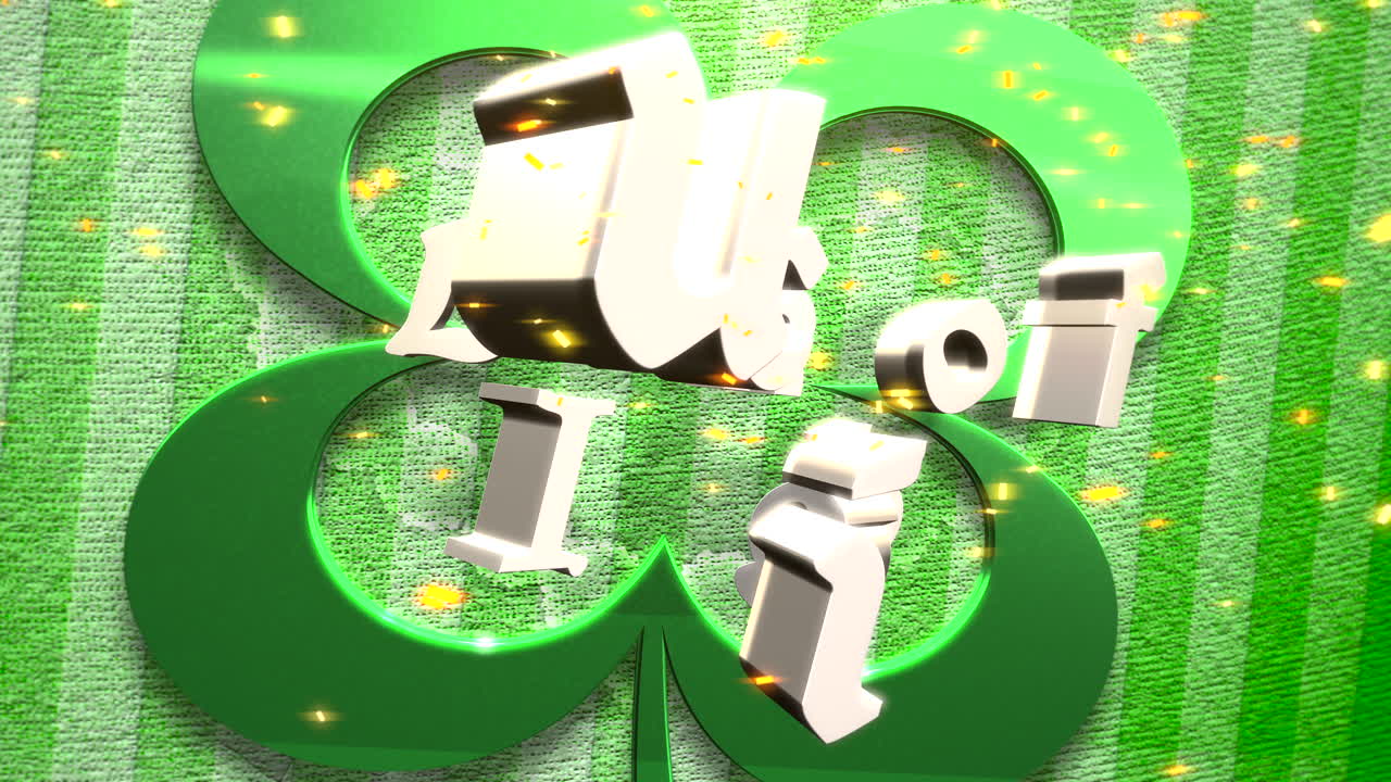 성 패트릭의 날 빛나는 배경에 글리터가 있는 아일랜드어 텍스트 및 모션 큰 녹색 토끼풀의 애니메이션 근접 촬영 행운