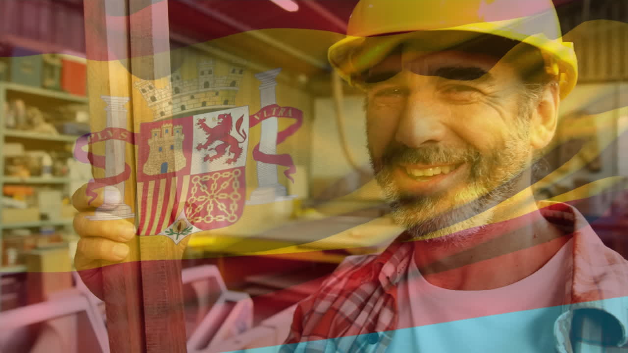 스페인  ⁇ 발이 공장 노동자 미소를 짓고 있습니다.