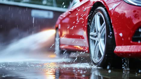 red sports car being washed at a car wash
