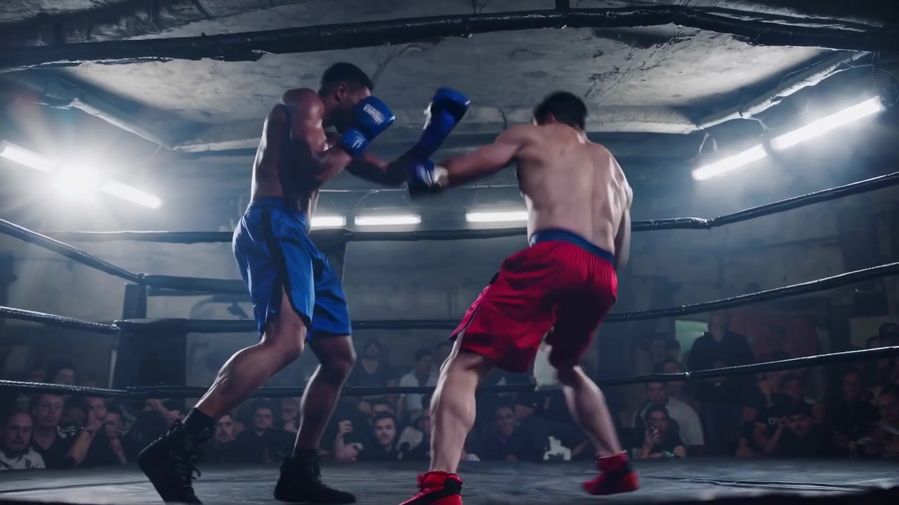 Dois pugilistas profissionais fazendo sparring em um ringue de boxe subterrâneo mal iluminado