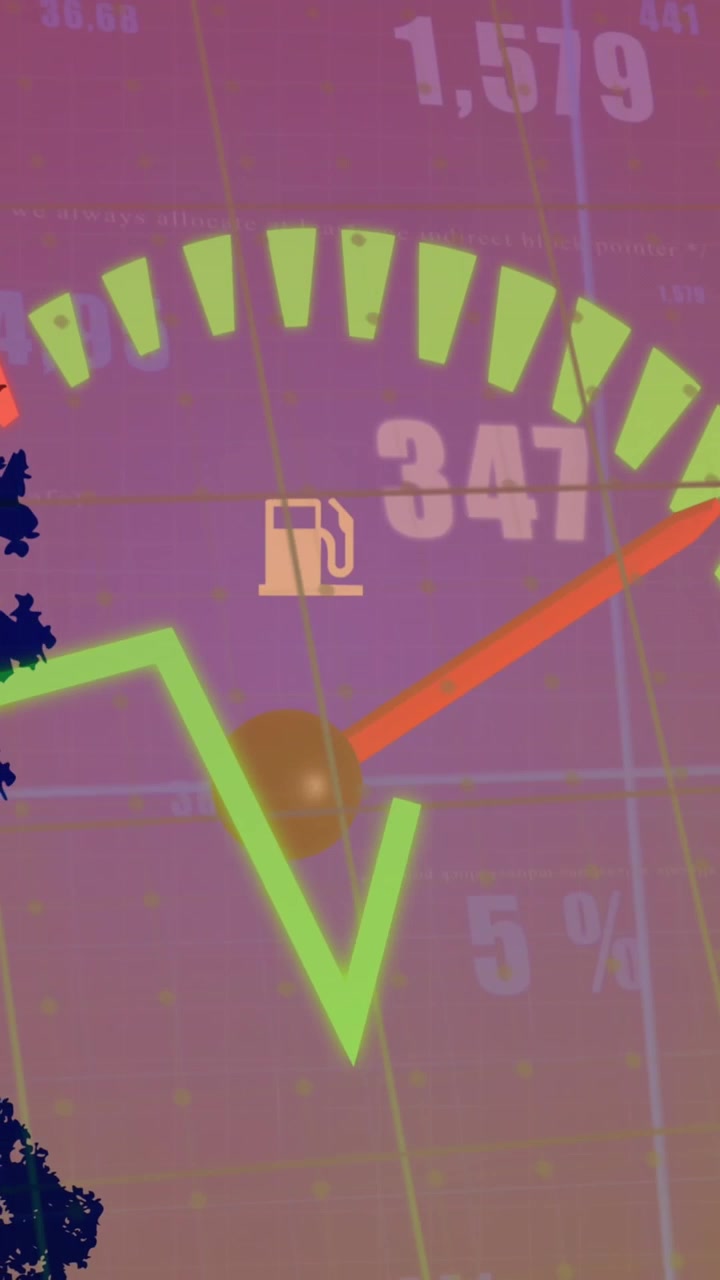 Animasi speedometer dan pemrosesan data statistik di atas siluet pepohonan dengan latar belakang langit senja