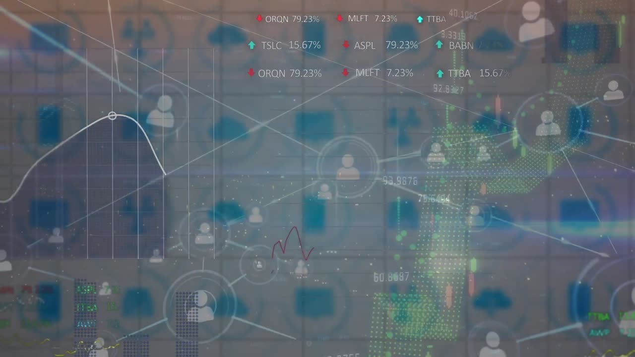 Animation of diverse financial data and network of connections over screen with icons