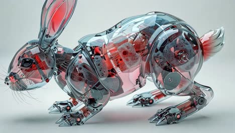 transparent robotic rabbit with visible mechanical components