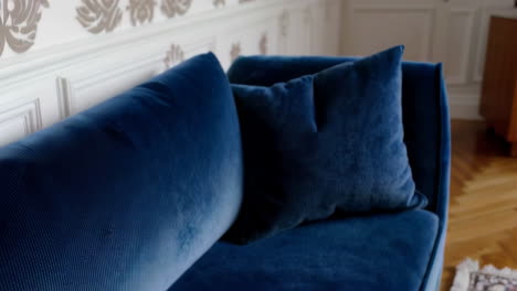 elegant living room with blue velvet sofa