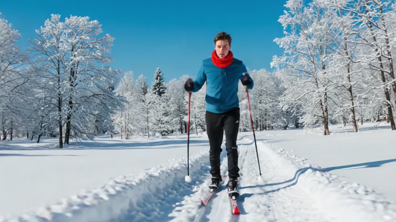 A Young Skier Enjoys a Winter Wonderland: Cross-Country Skiing Through a Snow-Covered Landscape Beneath a Bright Blue Sky