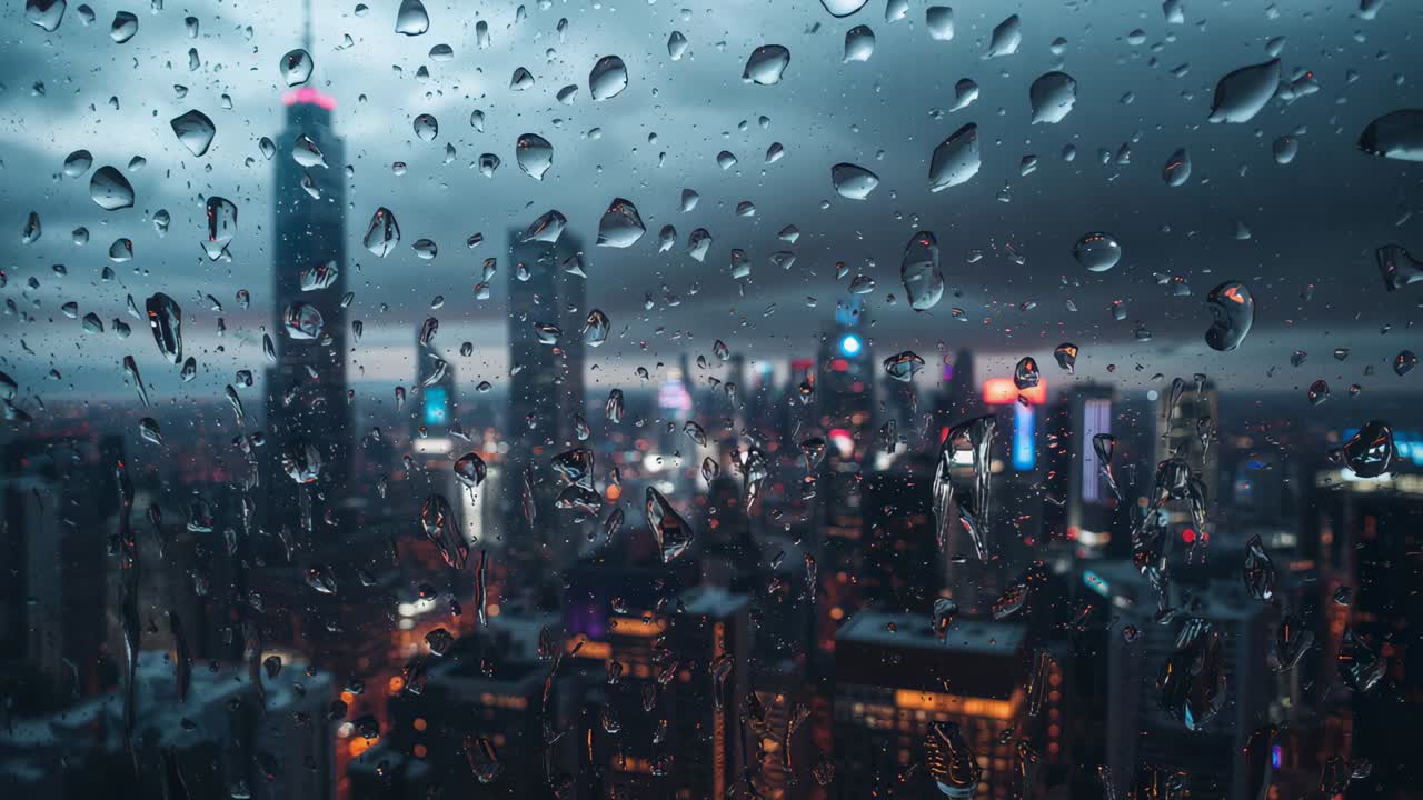Showing close-up raindrops merging and sliding down tower window as rain falls, blurry skyline