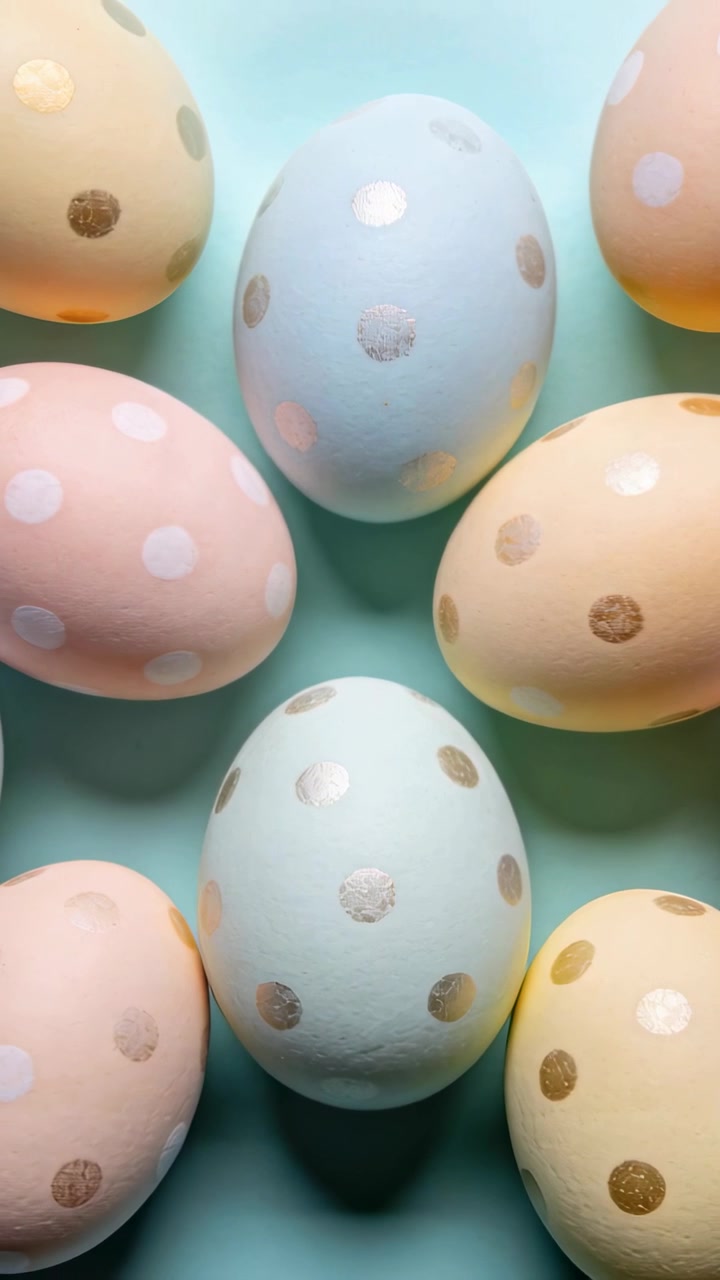 Camera pulling back, lifting, revealing pastel eggs with metallic dots on mint surface for styling