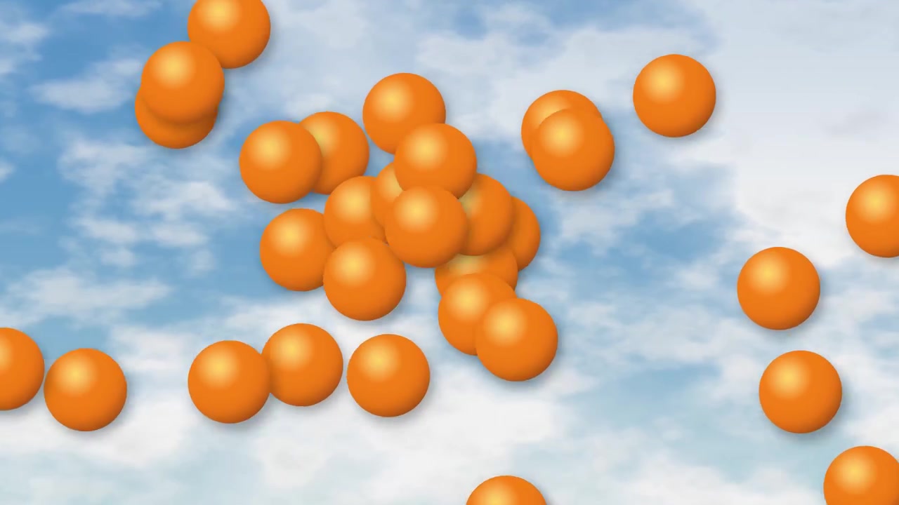 Esferas naranjas animadas cayendo y rebotando contra un cielo azul brillante con nubes blancas suaves