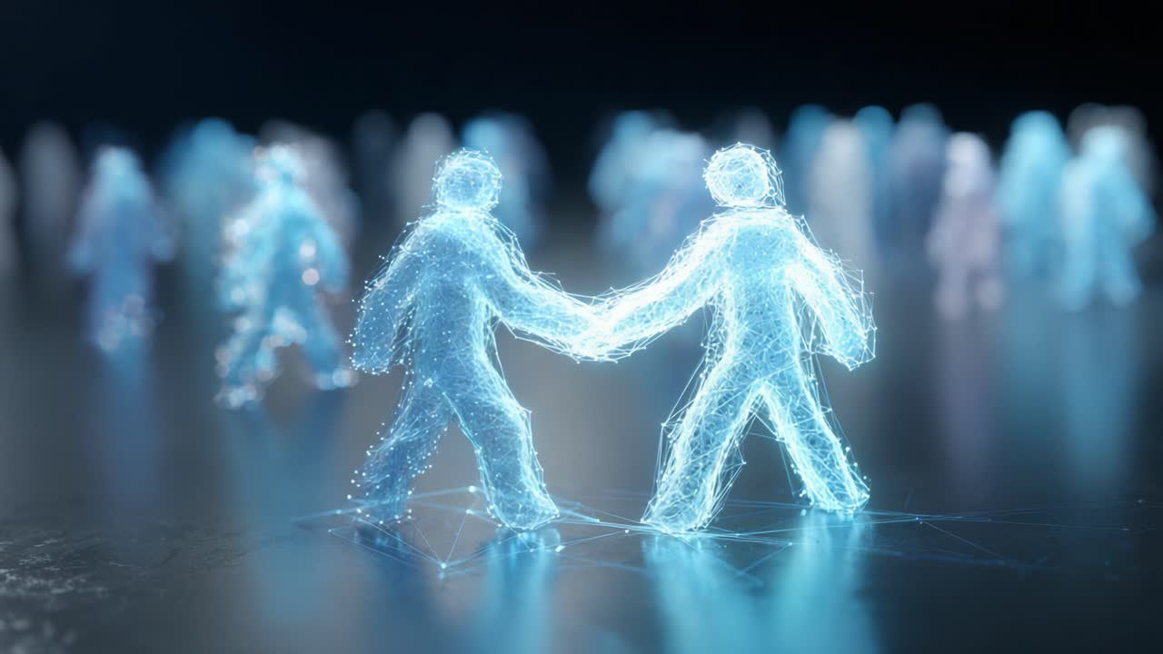 A Digital Connection: Two Ethereal Figures Shaking Hands Amidst a Network of Glowing Silhouettes Representing Virtual Interaction and Community Bonds