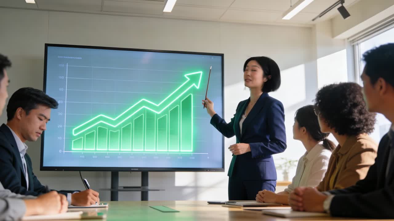 Presenter tapping pointer and starting animated green glow on growth chart, guiding business team